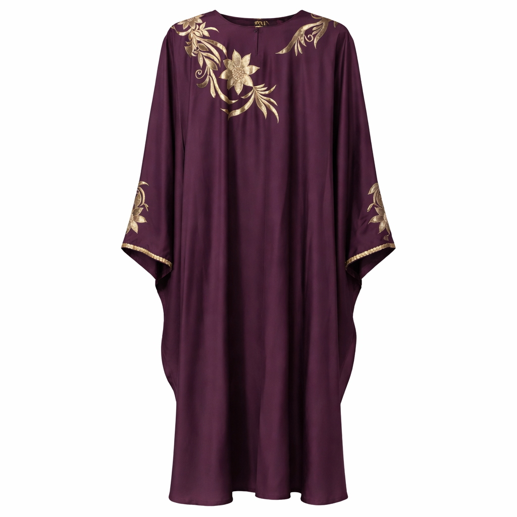 Kaftan x Floral Embroidery x Stole - Premium Silk (Purple)
