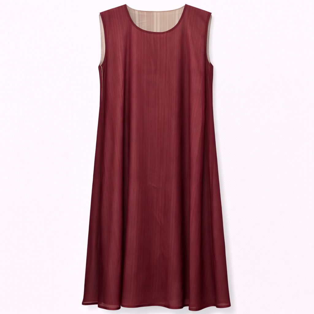 Double Front Open (No Sleeves) - Self Ivory Shiny Lines x Crinkle Maroon