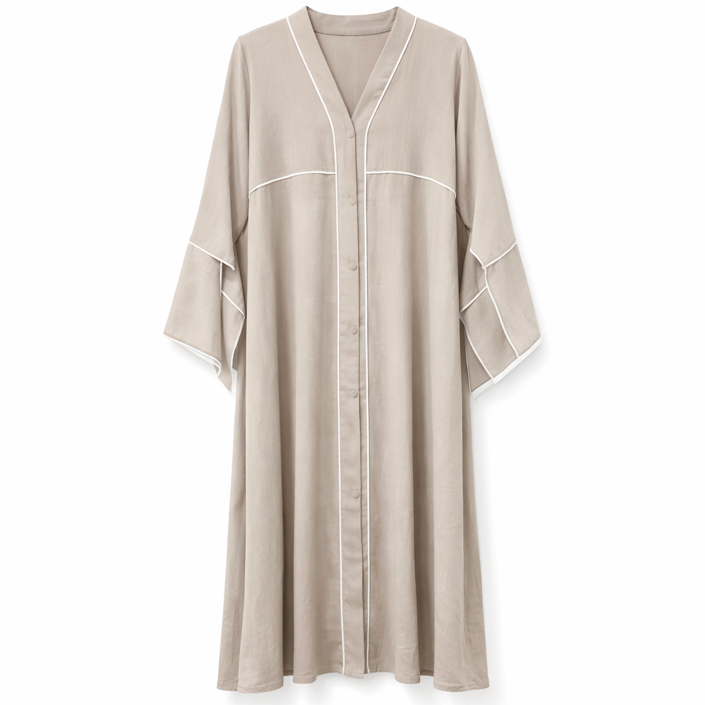 Chinese Neck x Contrast Lines - Thick Crepe (Light Beige)