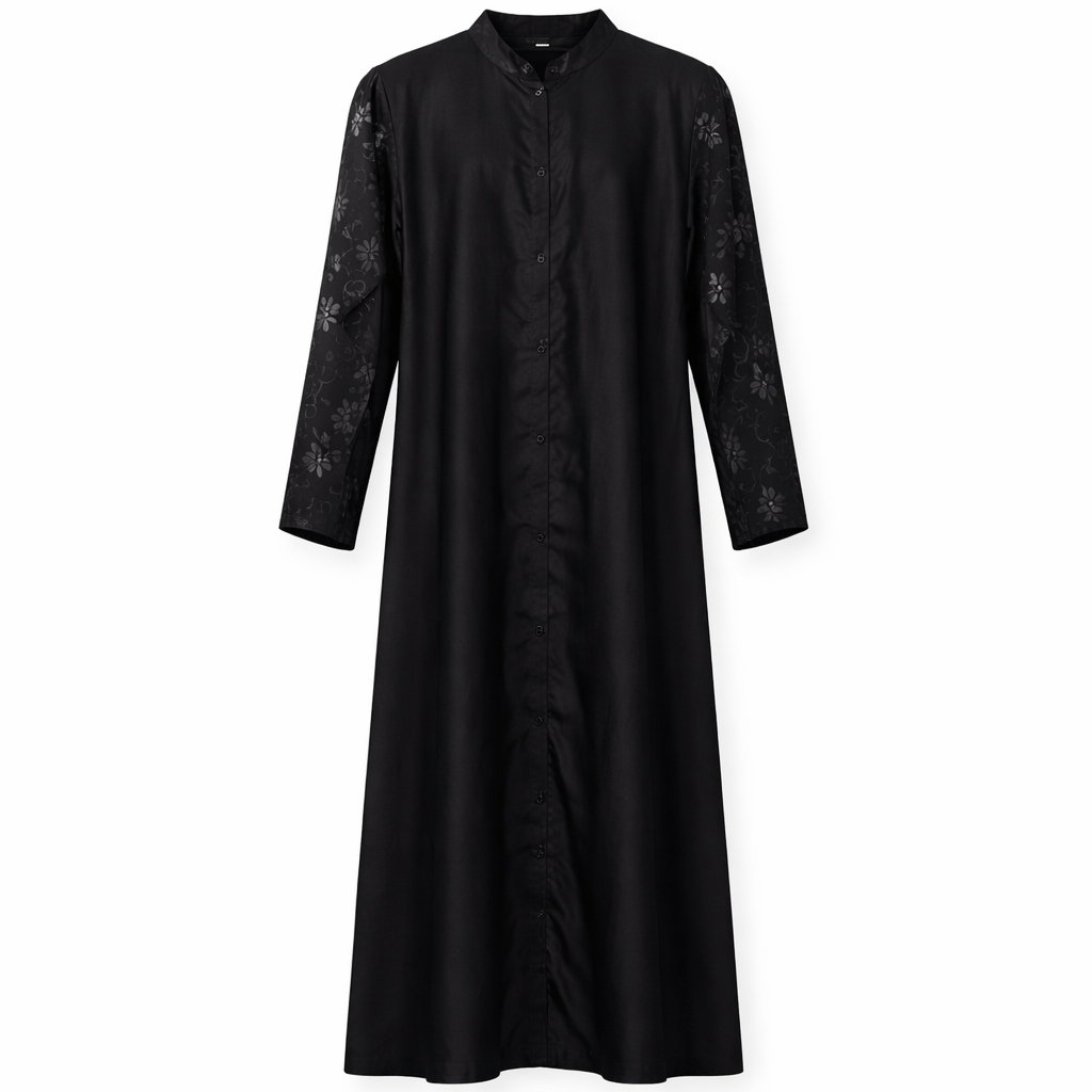 Front Open x Collar x Self Printed Back & Sleeves - Premium Silk (Black)